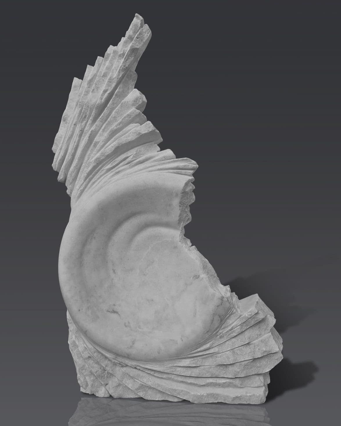 Event Horizon II by Hector Alvarado: white marble carved into a spiral hollow that rises into layered, jagged ridges